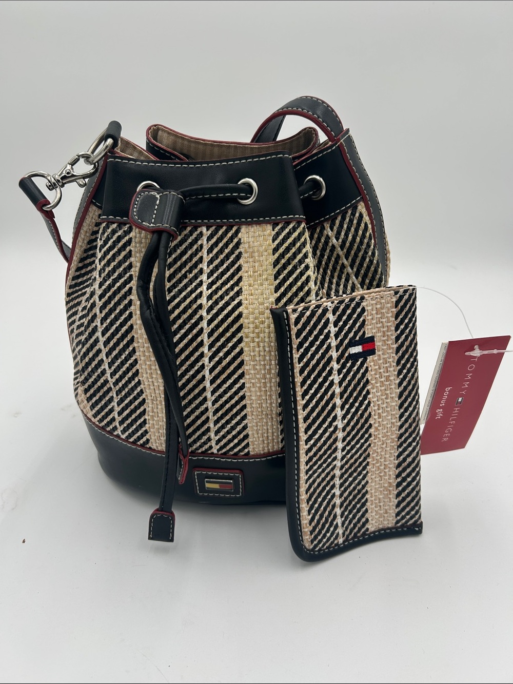 Y2K Tommy Hilfiger Black Natural/Red Straw Leather Bucket Bag Matching Eye Case